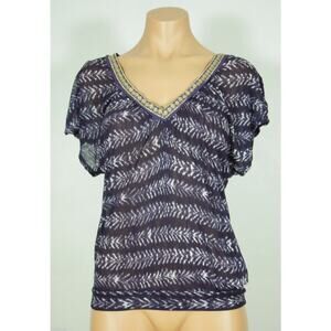 FREE PEOPLE Top S SMALL Deep V-Neck Printed Ribbon Trim